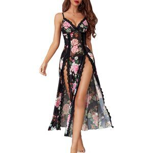 8957 Floral Lace Plus Size Babydoll Lingerie Sexy Split Maxi Long Nightgown